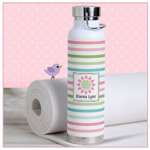Pastel Stripes Floral Monogrammed Water Bottle
