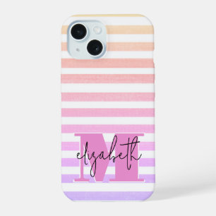 Pastel Stripes Monogrammed iPhone 15 Case
