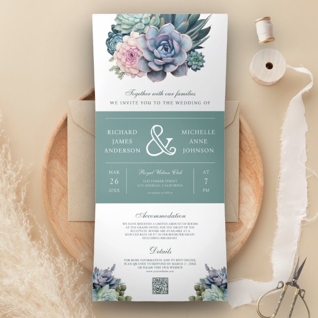 Pastel Succulent Ampersand QR Code Wedding Tri-Fold Invitation (Creator Uploaded)