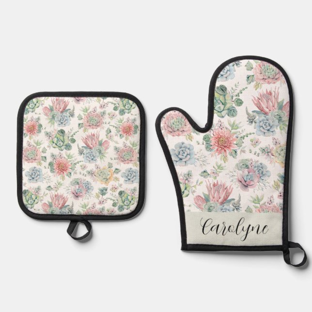 Pastel Succulents and Flowers Pattern Personalised Oven Mitt & Pot Holder Set (Front)