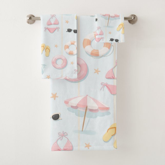 Pastel summer beach accessories pattern bath towel set (Insitu)