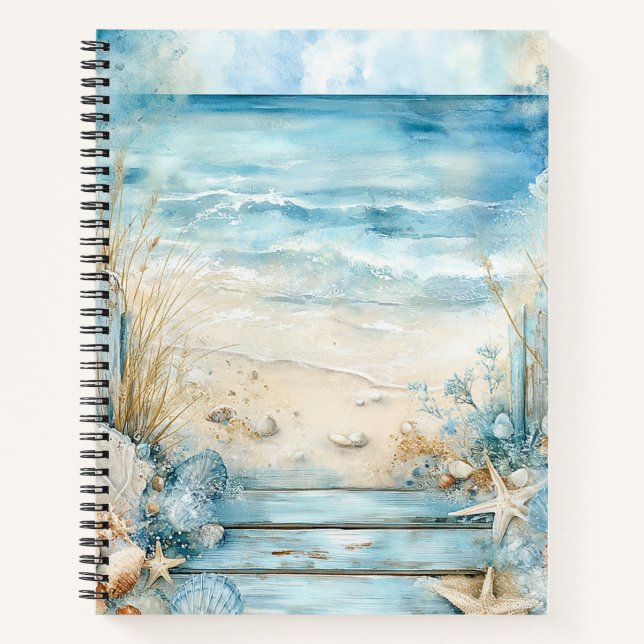 PASTEL SUMMER BEACH SCENE WITH SEASHELLS NOTEBOOK (Front)