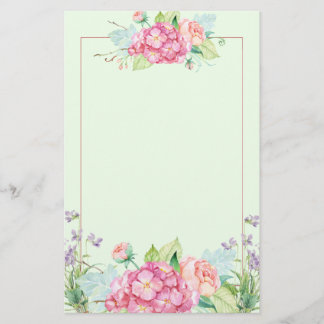 Pastel Summer Flowers and Pink Line Border Stationery