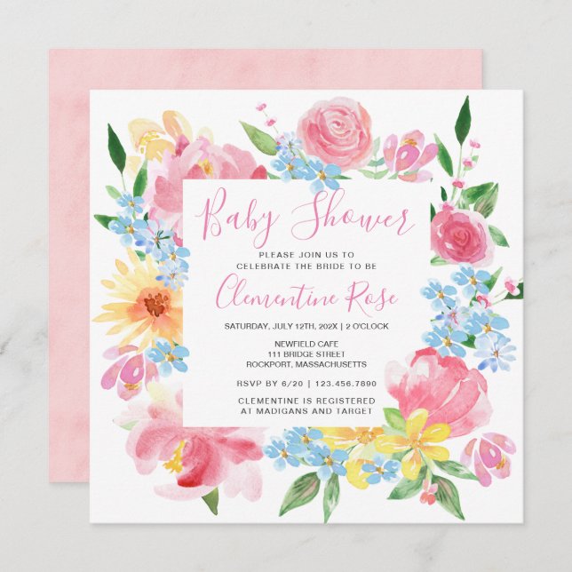 Pastel Summer Pink Yellow Floral Baby Shower Invitation (Front/Back)