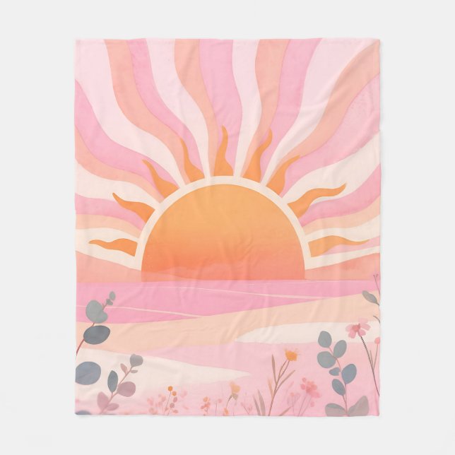 Pastel Sunrise Boho Meadow Fleece Blanket (Front)