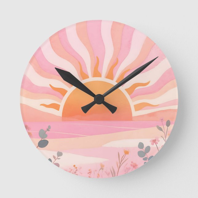 Pastel Sunrise Boho Meadow Round Clock (Front)