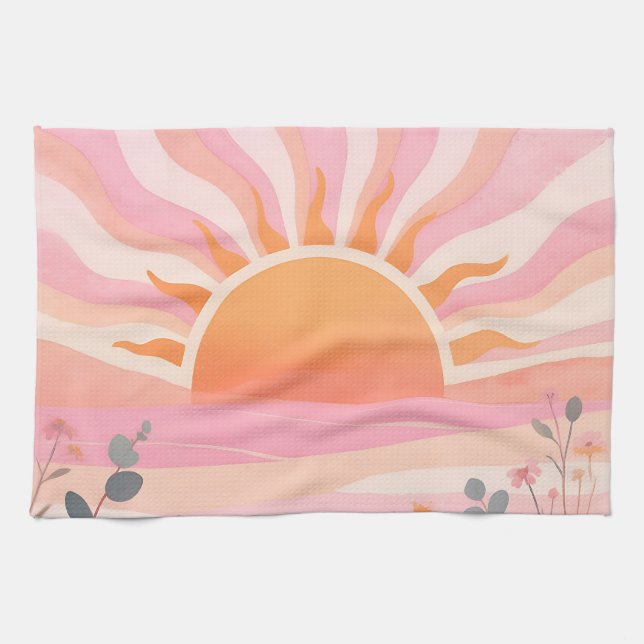 Pastel Sunrise Boho Meadow Tea Towel (Horizontal)