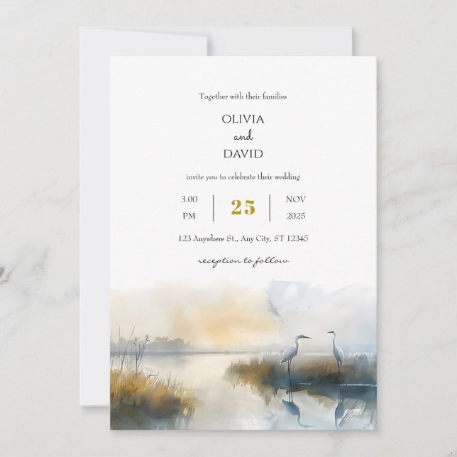 Pastel Sunrise Seaside Salt Marsh Beach Wedding  Invitation (Front)
