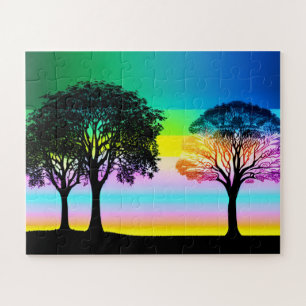 Pastel Sunset Behind Black Silhouette Trees Jigsaw Puzzle
