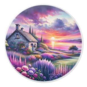 Pastel Sunset Cottage Lakeside Garden Dreamscape Ceramic Knob