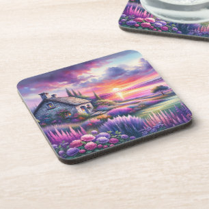 Pastel Sunset Cottage Lakeside Garden Dreamscape Coaster