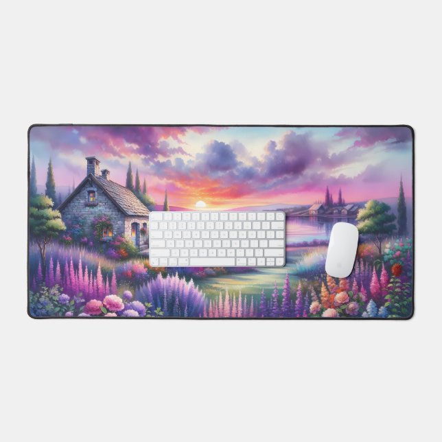 Pastel Sunset Cottage Lakeside Garden Dreamscape Desk Mat (Keyboard & Mouse)