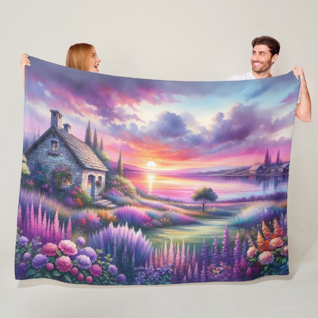 Pastel Sunset Cottage Lakeside Garden Dreamscape Fleece Blanket (In Situ)