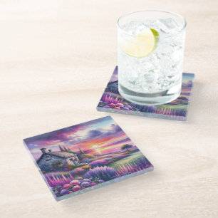 Pastel Sunset Cottage Lakeside Garden Dreamscape Glass Coaster