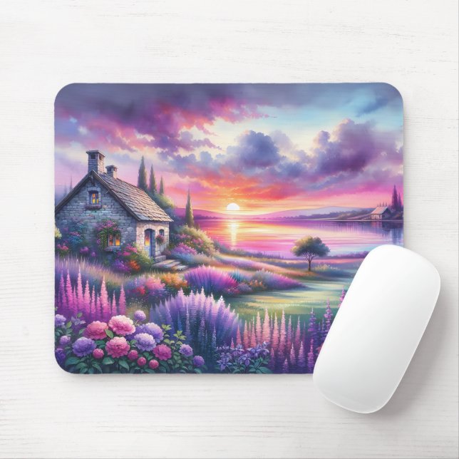 Pastel Sunset Cottage Lakeside Garden Dreamscape Mouse Pad (With Mouse)