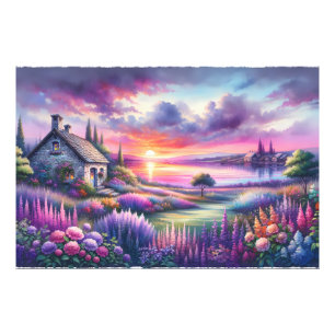 Pastel Sunset Cottage Lakeside Garden Dreamscape Photo Print