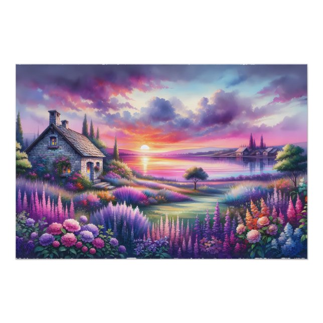 Pastel Sunset Cottage Lakeside Garden Dreamscape Poster (Front)