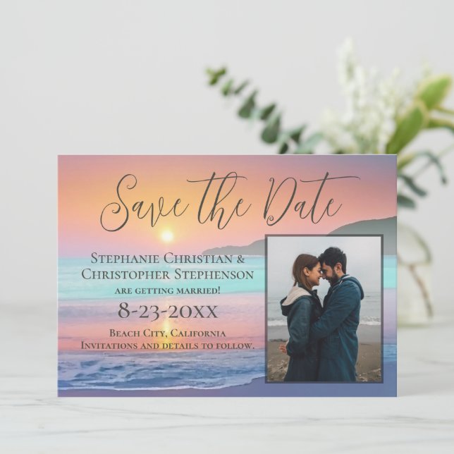 Pastel Sunset Destination Beach Save the Date Invitation (Standing Front)
