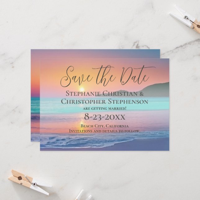 Pastel Sunset Destination Beach Save the Date Invitation (Front/Back In Situ)