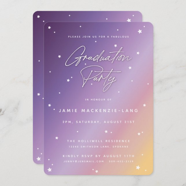 Pastel Sunset Script and Stars Graduation Party Invitation (Front/Back)