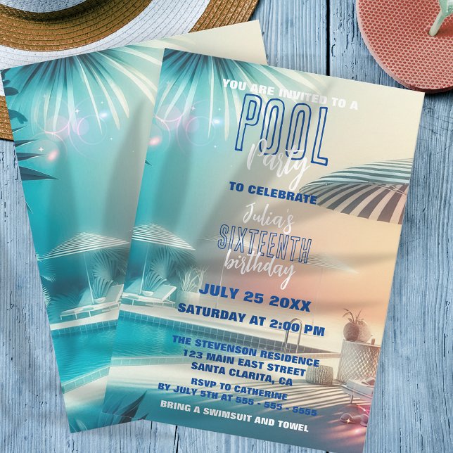 Pastel Sunset Tropical Pool Party 16th Birthday Invitation (Creator Uploaded)