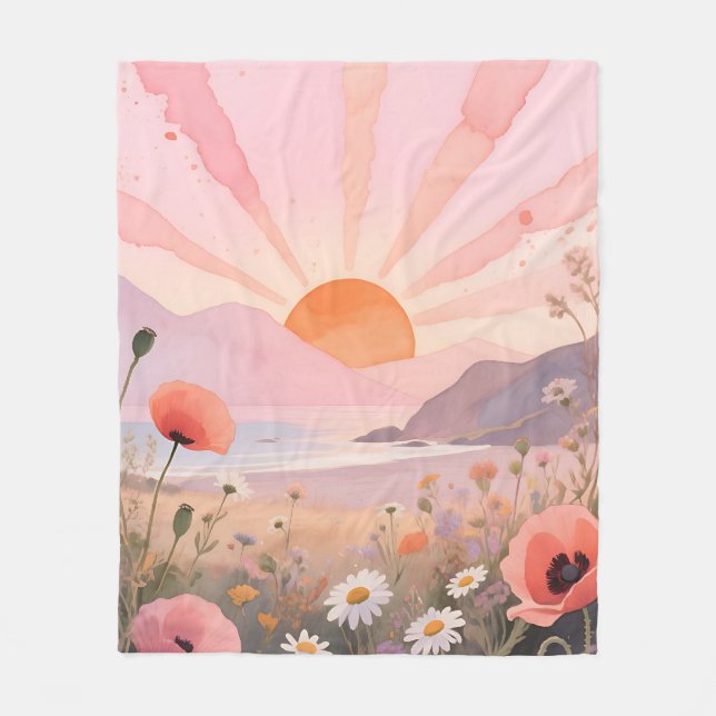 Pastel Sunset Wildflower Meadow Fleece Blanket (Front)