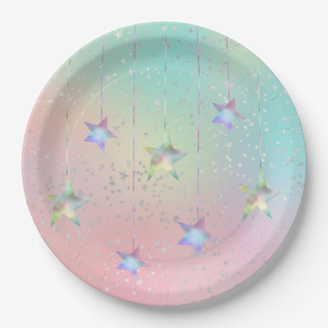 Pastel swirl holographic stars ribbon cute paper plate (Front)