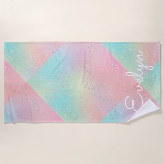 Pastel swirl tie dye cute pink teal yellow block  beach towel (Front)
