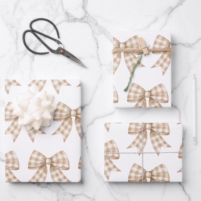 Pastel Tan and White Gingham Buffalo Plaid Bow Wrapping Paper Sheet (Front)