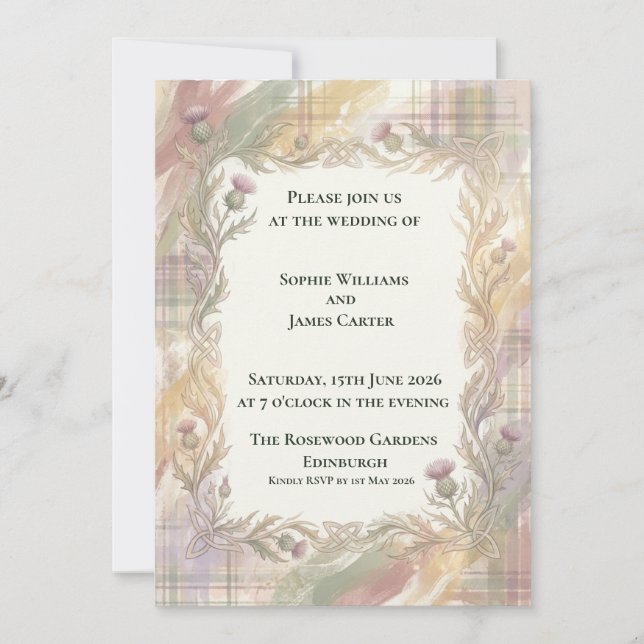 Pastel Tartan Celtic Thistle Wedding Invitation (Front)