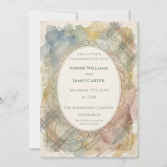 Pastel Tartan Watercolour Wedding Invitation (Front)