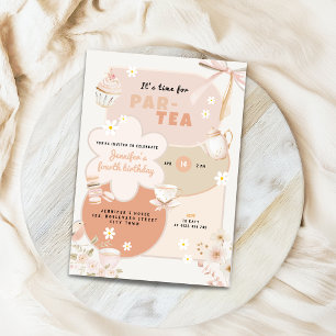 Pastel Tea Party 4th Birthday Invitation for Girls