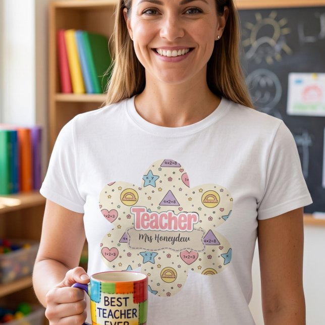 Pastel Teacher School Math Shapes Pattern  T-Shirt (Creator Uploaded)