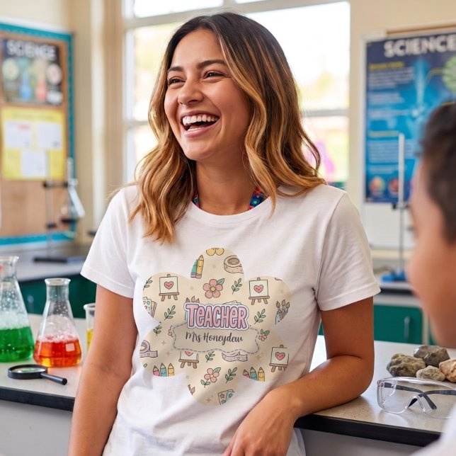 Pastel Teacher School Supplies Pattern  T-Shirt (Creator Uploaded)