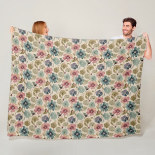 Pastel Teal and Mauve Flowers Vintage Modern Fleece Blanket