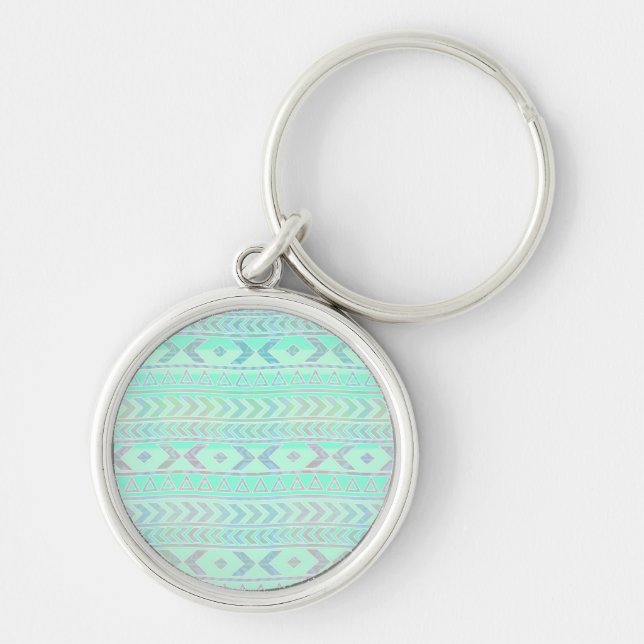 Pastel Teal Aztec Art Style Pattern Key Ring (Front)