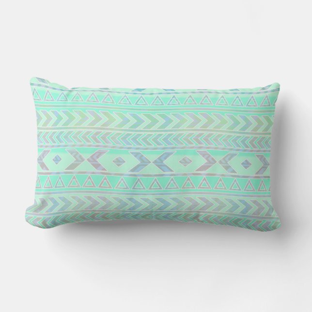 Pastel Teal Aztec Art Style Pattern Lumbar Cushion (Front)