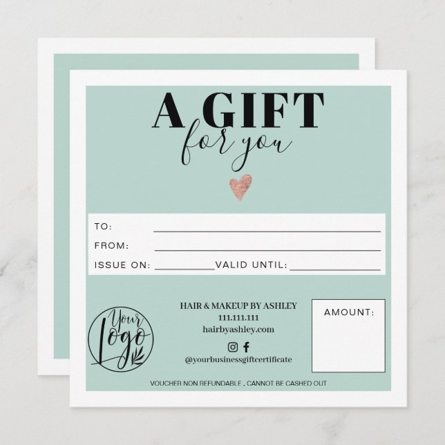 Pastel teal blue square gift certificate logo (Front/Back)