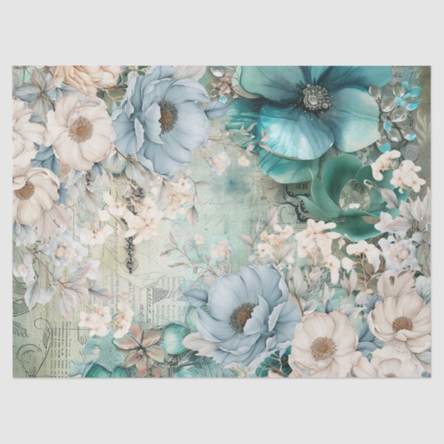 Pastel Teal & Blue Watercolor Florals Tissue Paper (Front)