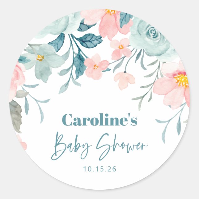 Pastel Teal Pink Floral Baby Shower Custom Classic Round Sticker (Front)