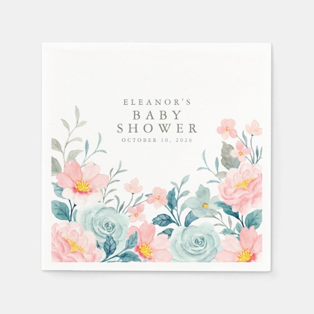 Pastel Teal Pink Watercolor Floral Baby Shower  Napkin (Front)