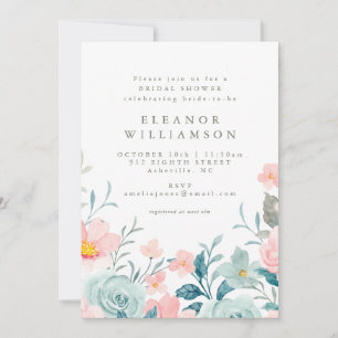 Pastel Teal Pink Watercolor Floral Bridal Shower Invitation
