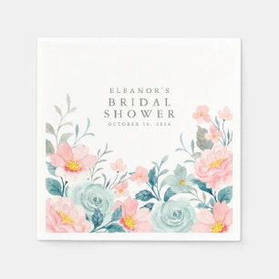 Pastel Teal Pink Watercolor Floral Bridal Shower Napkin