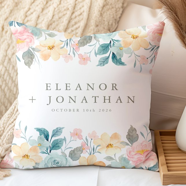Pastel Teal Pink Watercolor Floral Custom Wedding Cushion (Creator Uploaded)