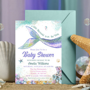Pastel Teal Purple Mermaid Tail Baby Girl Invitation