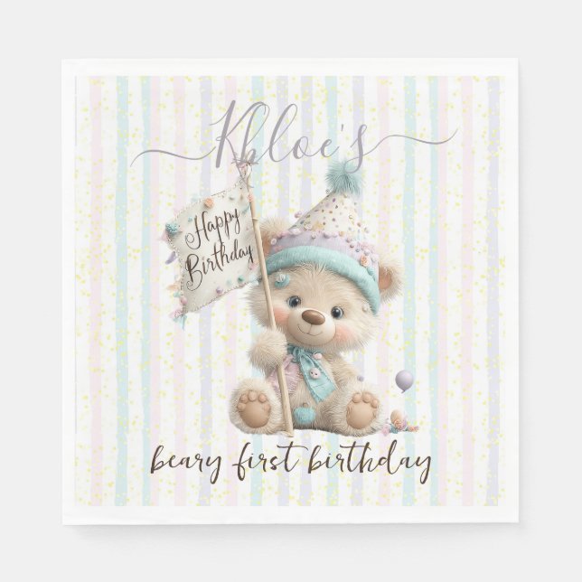 Pastel Teddy Bear Birthday  Napkin (Front)
