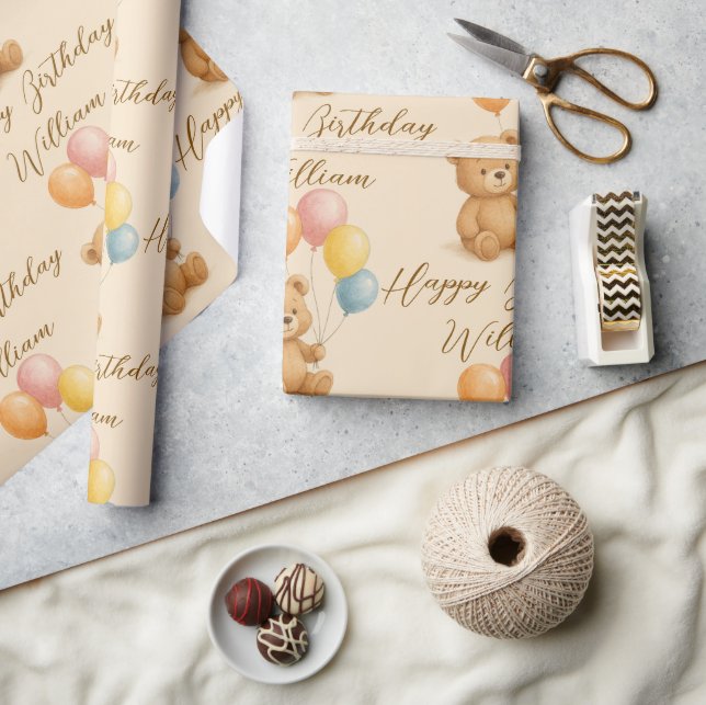Pastel Teddy Bear Birthday Wrapping Paper | Text (Crafts)