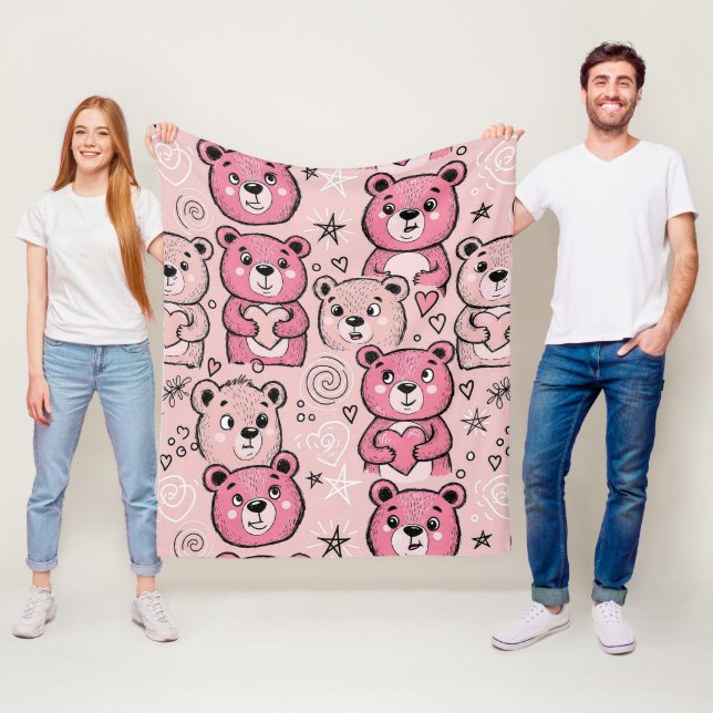Pastel Teddy Bear Heart Pattern Fleece Blanket (In Situ)