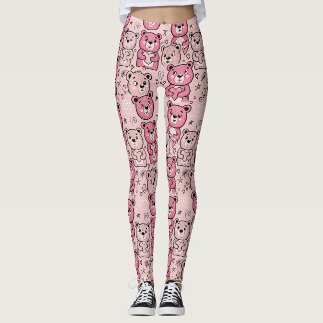Pastel Teddy Bear Heart Pattern Leggings (Front)