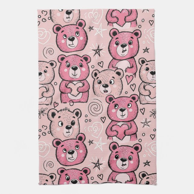 Pastel Teddy Bear Heart Pattern Tea Towel (Vertical)